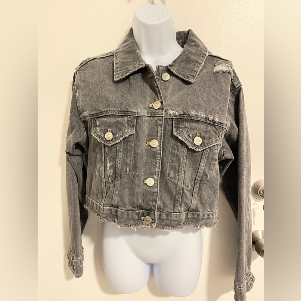Zara Distressed denim gray cropped jacket Small